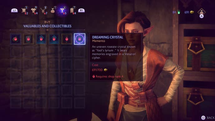 Dragon Age Veilguard screenshot of the Veil Jumper Merchant inventory, showing Mementos for sale.