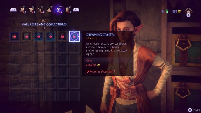 Dragon Age Veilguard screenshot of the Veil Jumper Merchant inventory, showing Mementos for sale.