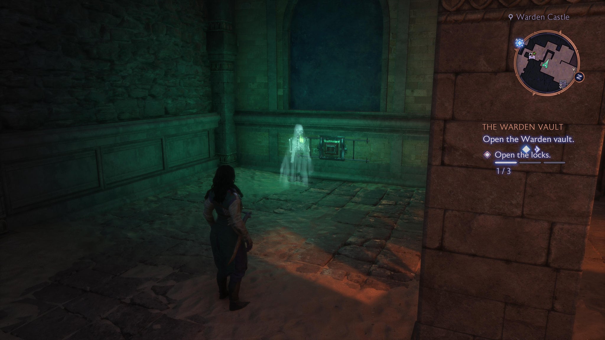 Rook watching a ghost open a secret room in the Grey Warden Fortress in Dragon Age: Veilguard. - 8