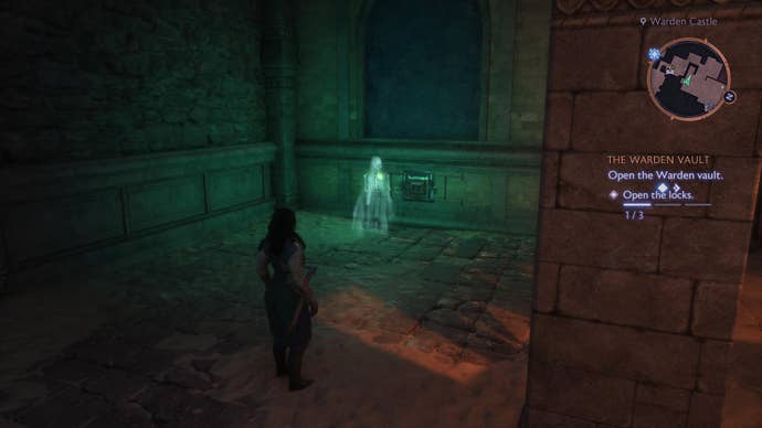 Rook observing a ghost opening a secret room in the Gray Warden Keep in Dragon Age: Veilguard.