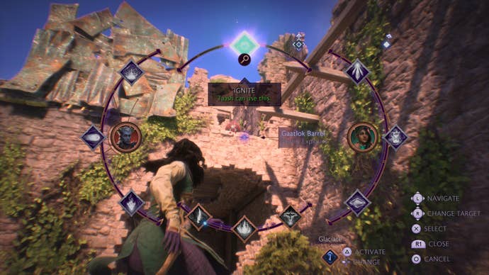 Rook using Taash's powers to destroy some explosive crates in Dragon Age: Veilguard.