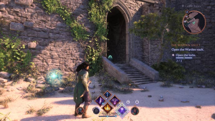 Rook running through the door with Wisp to open the Gray Warden Vault in Dragon Age: Veilguard.