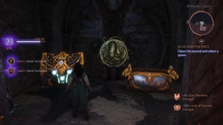 Rook standing in front of three treasure chests inside the Grey Warden Vault in Dragon Age: Veilguard.