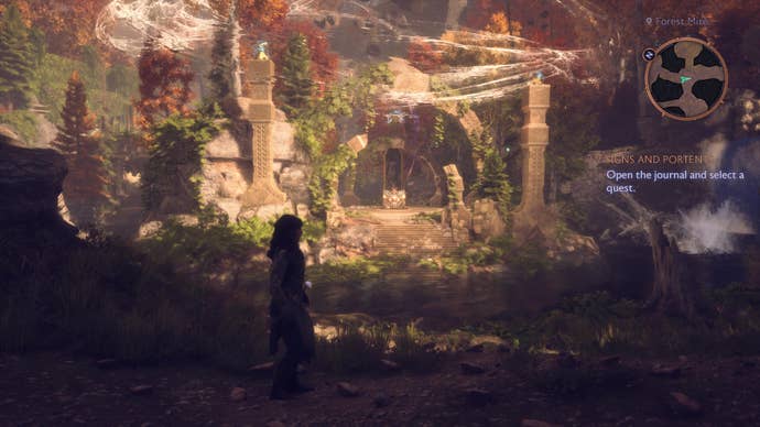 Rook standing in front of the giant treasure chest in the Waterfront Glades area of Dragon Age: Veilguard.