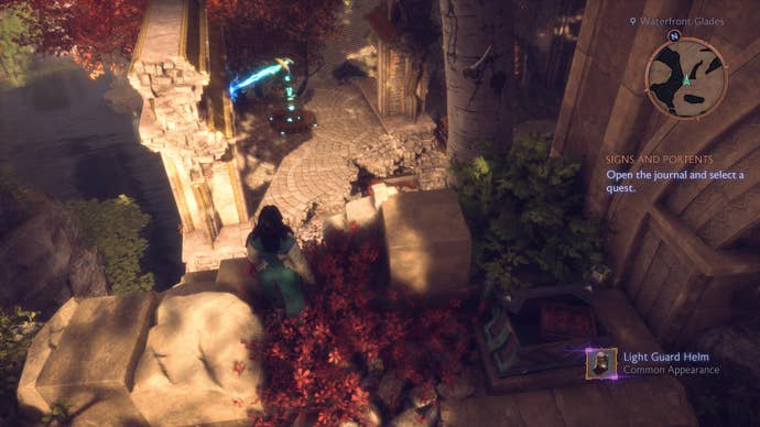 Rook looking down at a magical beam in the Waterfront Glades in Dragon Age: Veilguard.