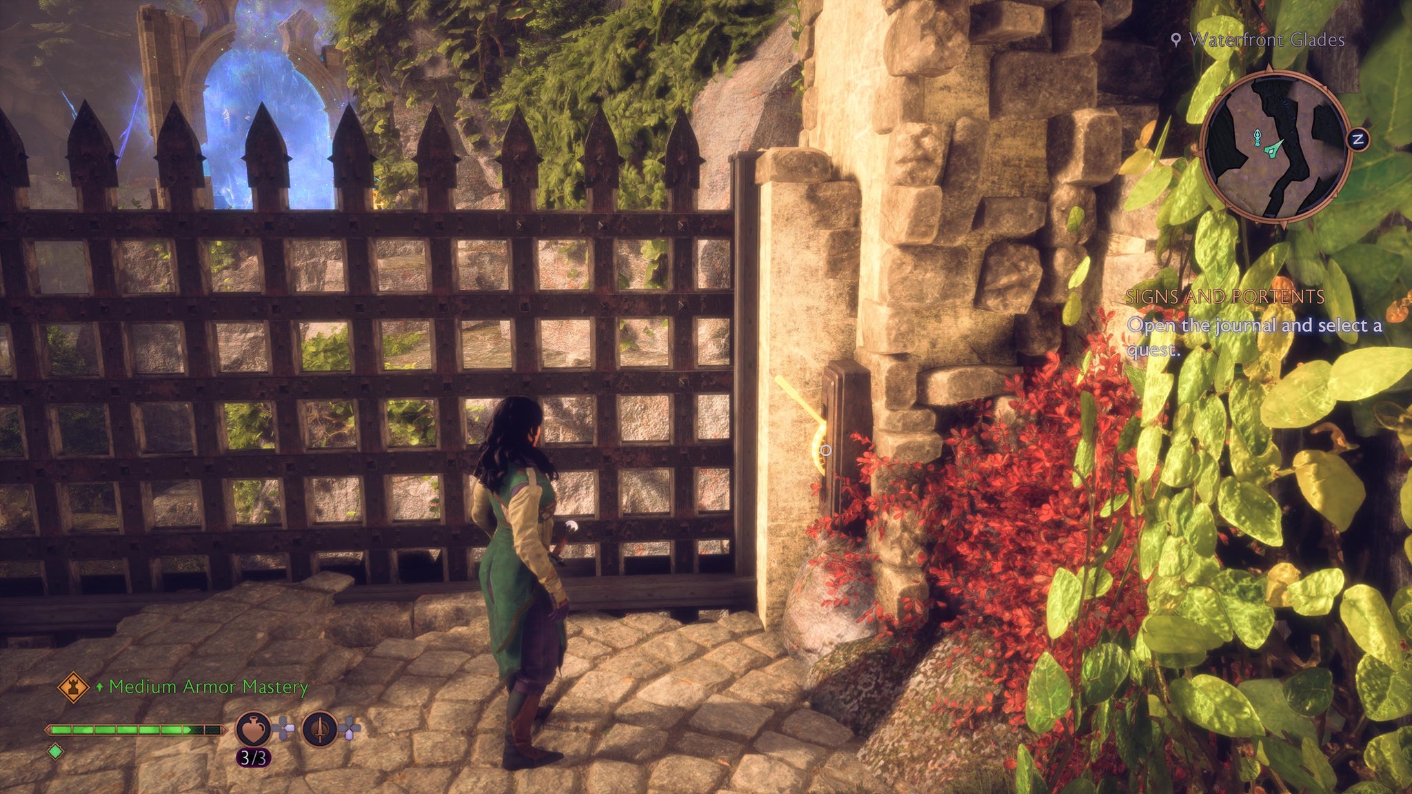 Rook pulling a level to reach a mechanism for the Waterfront Glades chest in Dragon Age: Veilguard. - 8