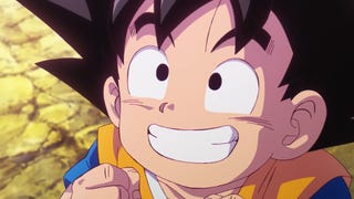 Goku, shrunk down to a short stature, has a big smile on his face in Dragon Ball Daima.