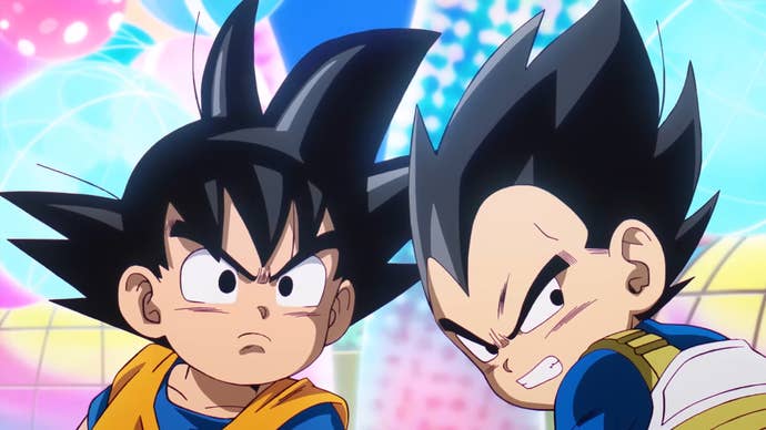 Kid versions of Goku and Vegeta in Dragon Ball Daima, they’re both looking angrily at something offscreen.