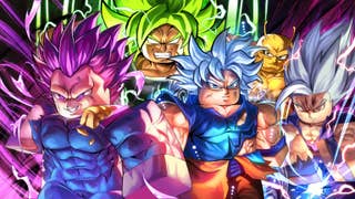 Artwork for the Roblox game Dragon Ball Rage showing a group of characters inspired by the Dragon Ball Z anime.