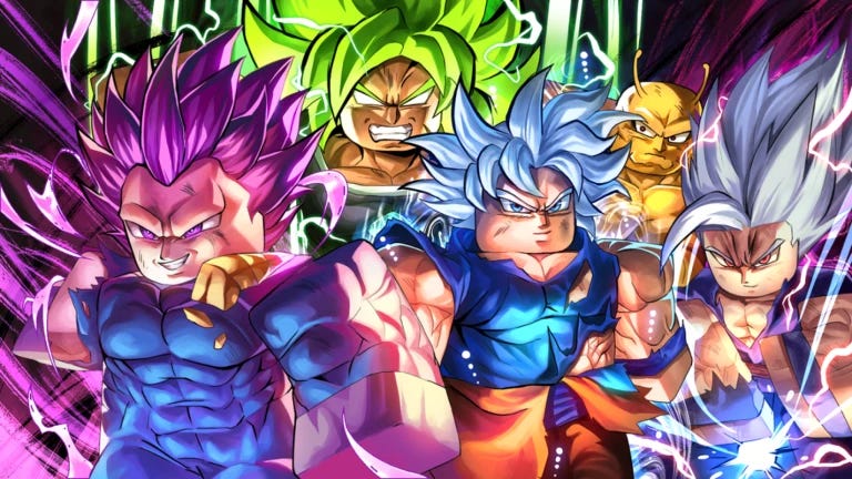 Artwork for the Roblox game Dragon Ball Rage showing a group of characters inspired by the Dragon Ball Z anime.