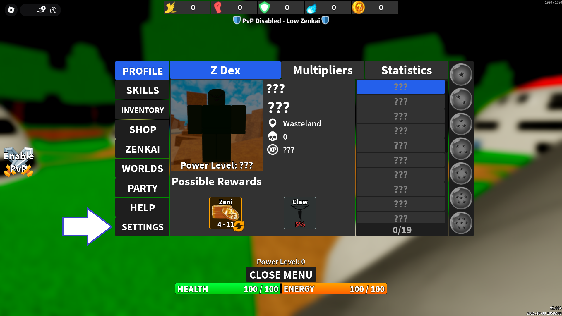 A screenshot of Dragon Ball Rage in Roblox showing the game's settings button.