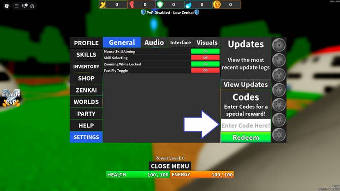 A screenshot of Dragon Ball Rage in Roblox showing the game's codes field.