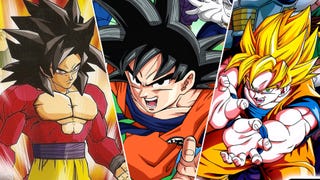 On the left, Goku in Super Saiyan 4 form, his body is partially covered in red fur, his hair is big, spiky and black, from the box art for Dragon Ball Z: Budokai 3. In the middle, Goku in his base form speeding towards the camera with an angry expression on his face from the anime. On the right, Goku in his Super Saiyan form preparing a Kamehameha on the box art for Dragon Ball Z: Budokai Tenkaichi 2.