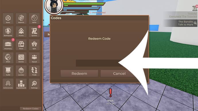 An arrow pointing at the codes menu in the Roblox game Dragon Blox.