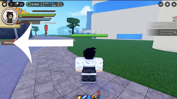 An arrow pointing at the menu button in the Roblox game Dragon Blox.