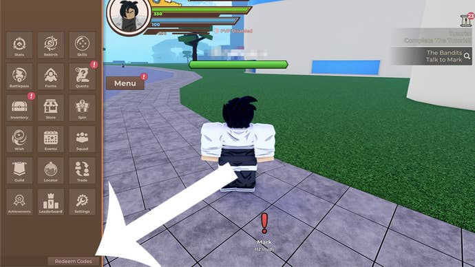 An arrow pointing at the redeem codes button in the Roblox game Dragon Blox.