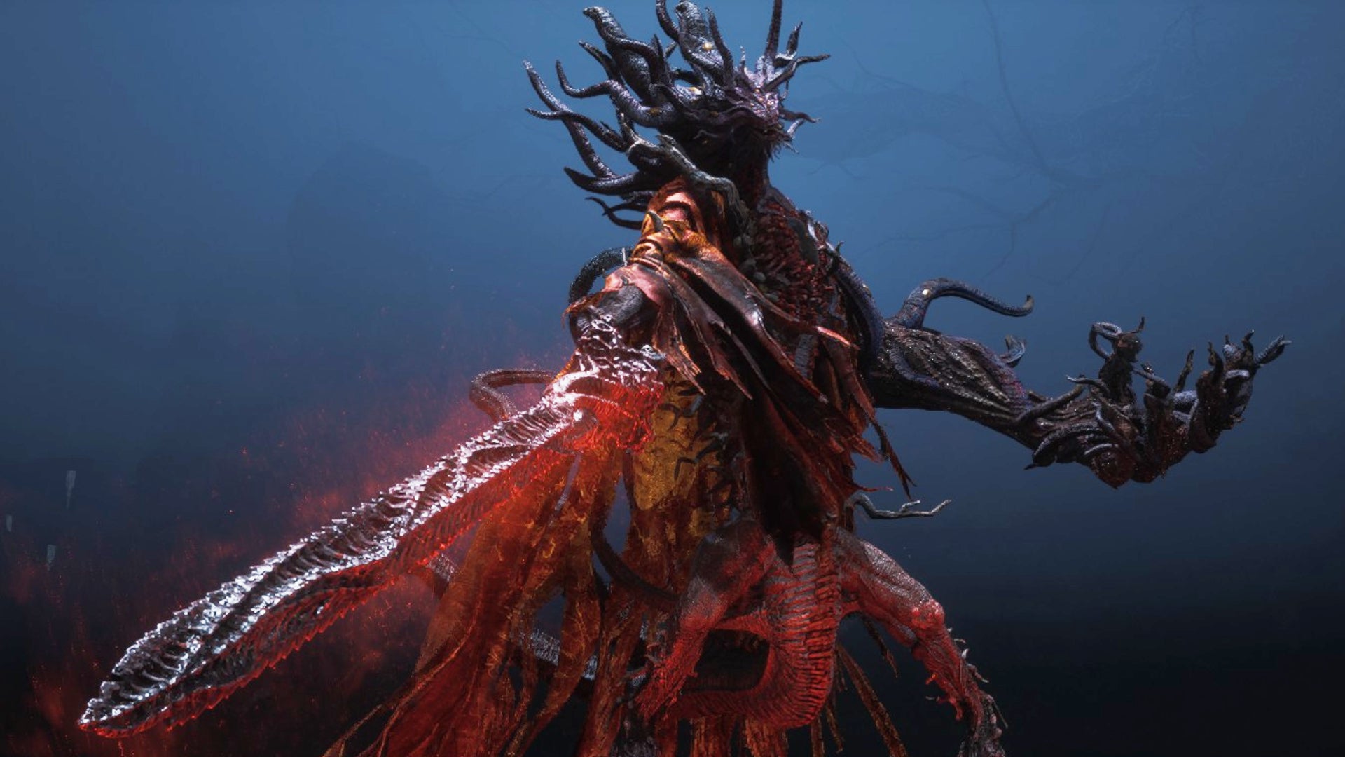 The Dragon Emperor - Zhu Youjian boss in Wuchang Fallen Feathers. He resembles a dragon-like humanoid, holding a glowing red blade. - 24