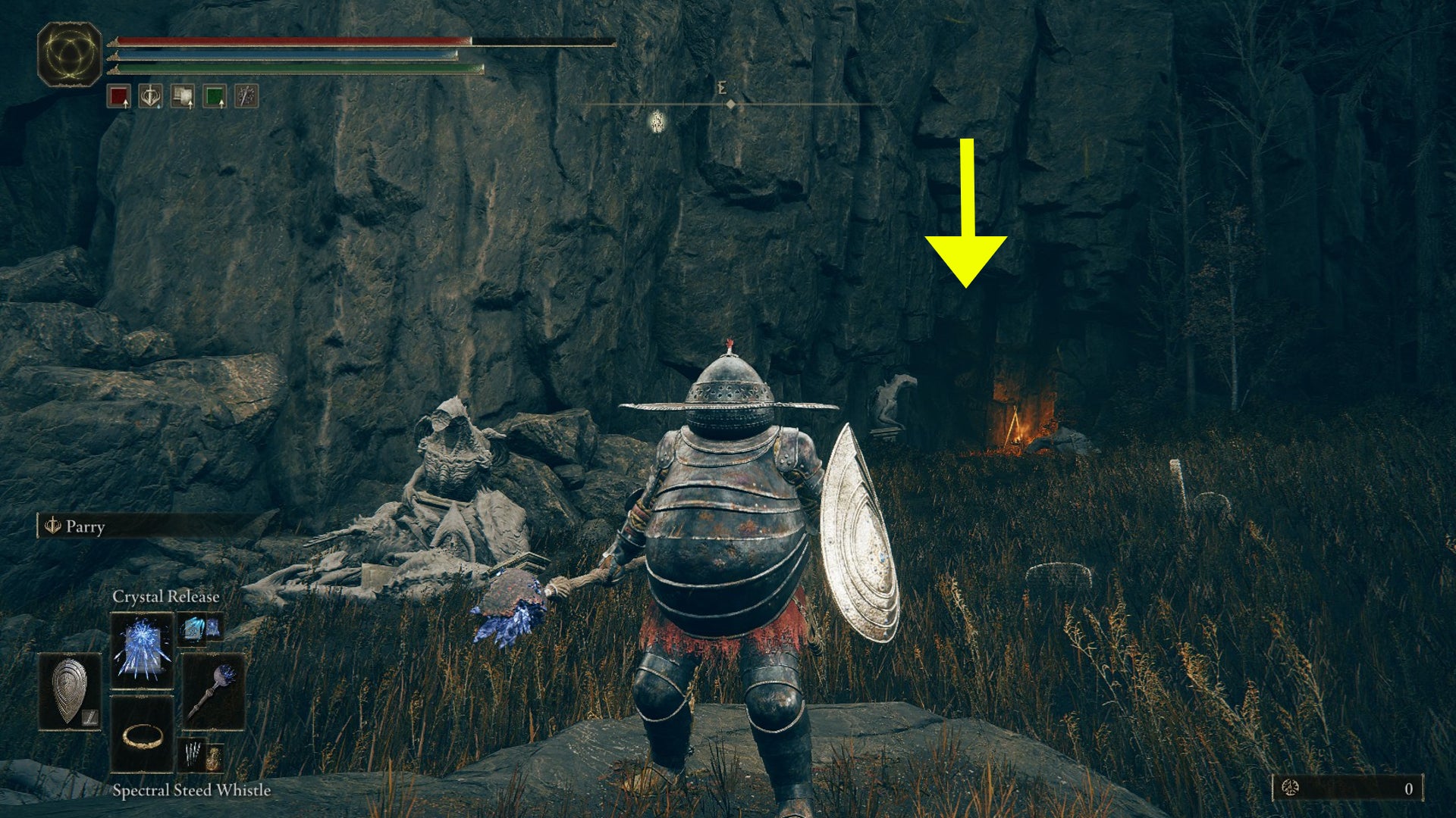 A screenshot with a yellow arrow indicating the entrance to the Dragon's Pit dungeon in Elden Ring: Shadow of the Erdtree. - 4