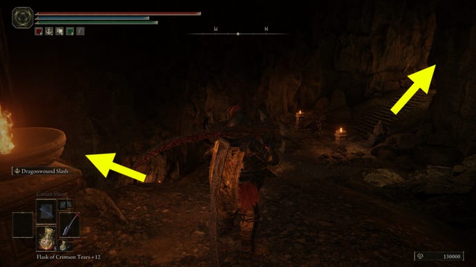 Two yellow arrows highlight alternate paths to take in the Dragon's Pit dungeon in Shadow of the Erdtree.