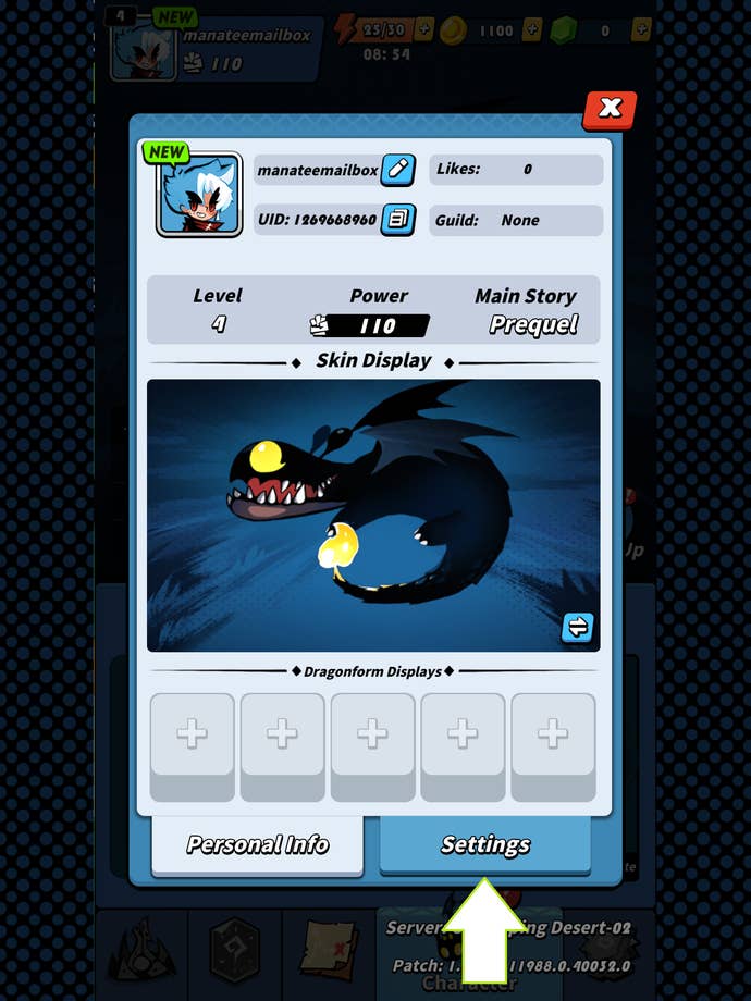 A screenshot from Dragon POW showing the game's Settings button.