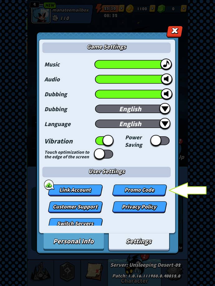 A screenshot from Dragon POW showing the game's Promo Code button.