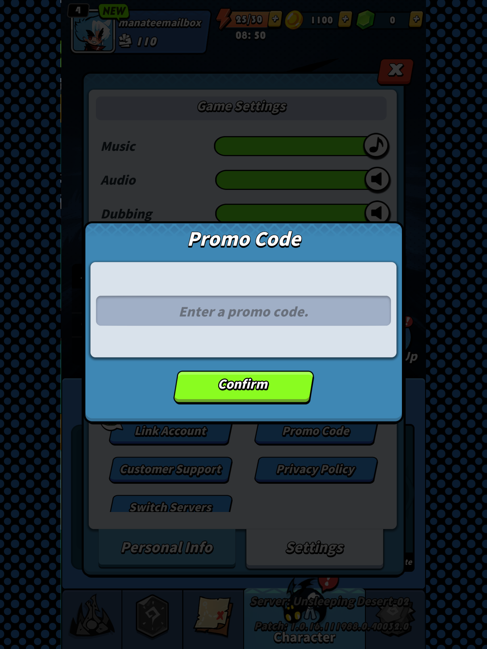 A screenshot from Dragon POW showing the game's Promo Code menu.