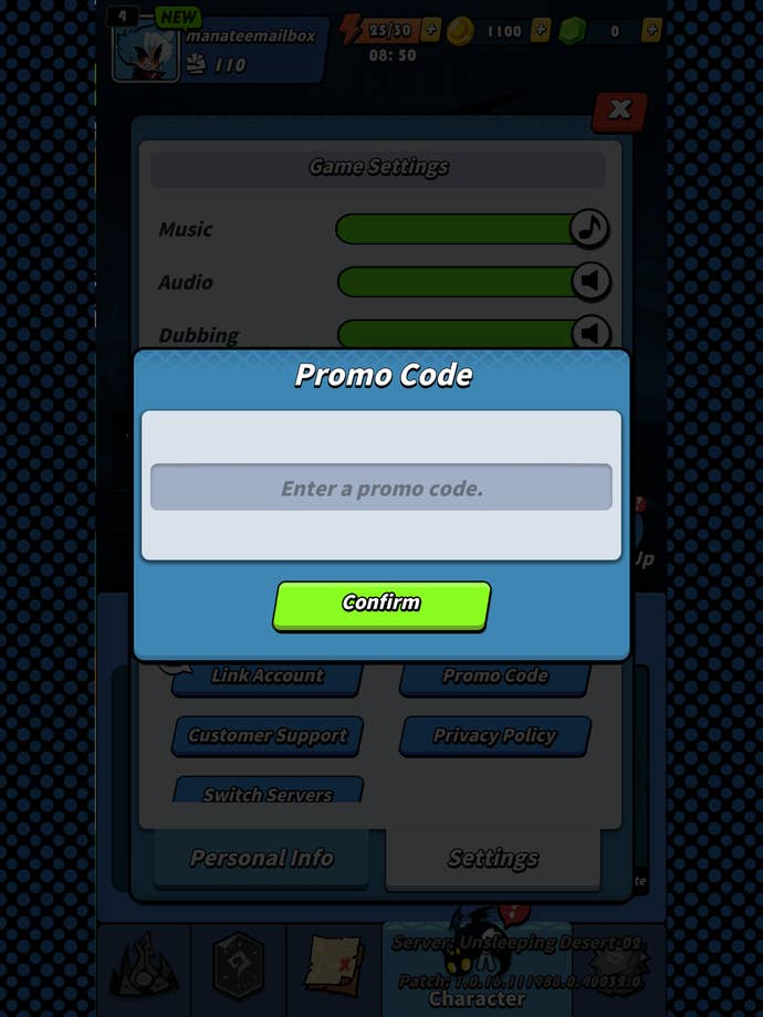 A screenshot from Dragon POW showing the game's Promo Code menu.