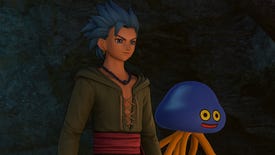 A spiky-haired character and slime look at something in Dragon Quest 11