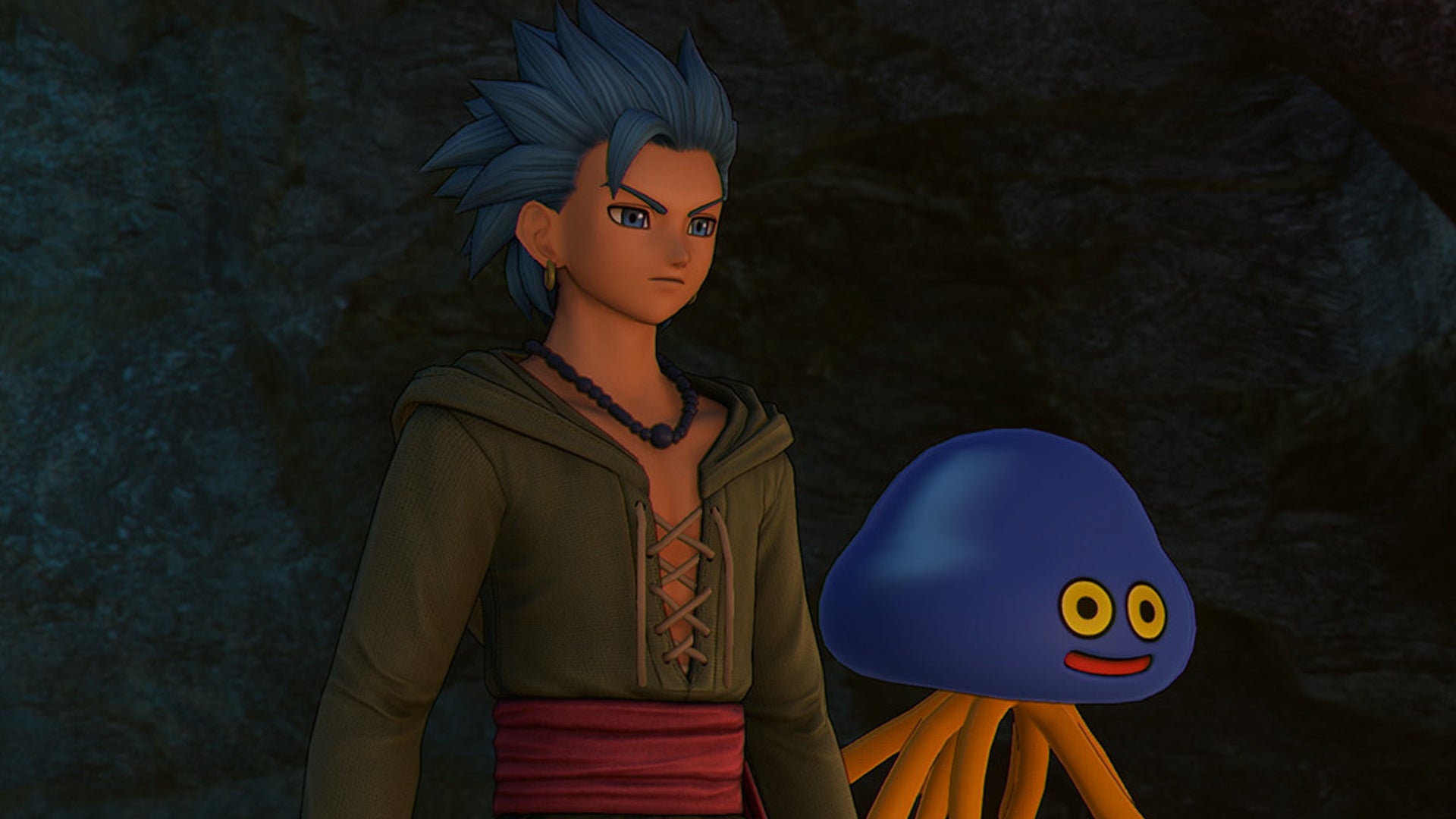 A spiky-haired character and slime look at something in Dragon Quest 11 - 1