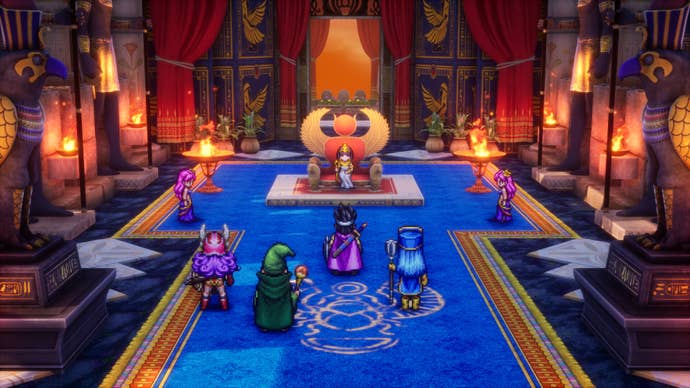 A group of four heroes, all pixel art sprites, stand before a royal leader in a 3D room in Dragon Quest III HD-2D.