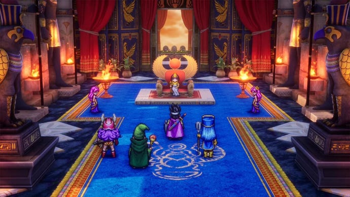 Some characters in a throne room in Dragon Quest 3 HD-2D Remake.