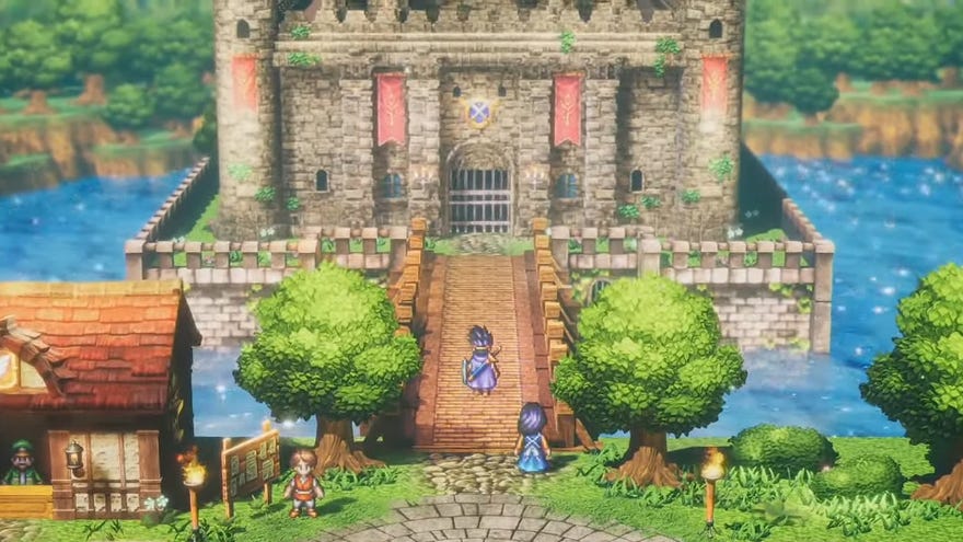 The player character walks across a bridge towards a castle in the HD-2D remake of Dragon Quest 3