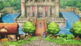 A still of the Dragon Quest 3 remake showing the protagonist walking over a bridge towards a castle.
