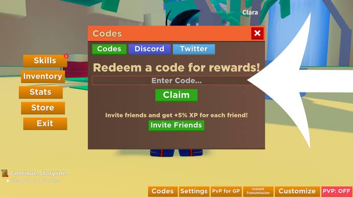 Arrow pointing at the codes menu in the Roblox game Dragon Soul.
