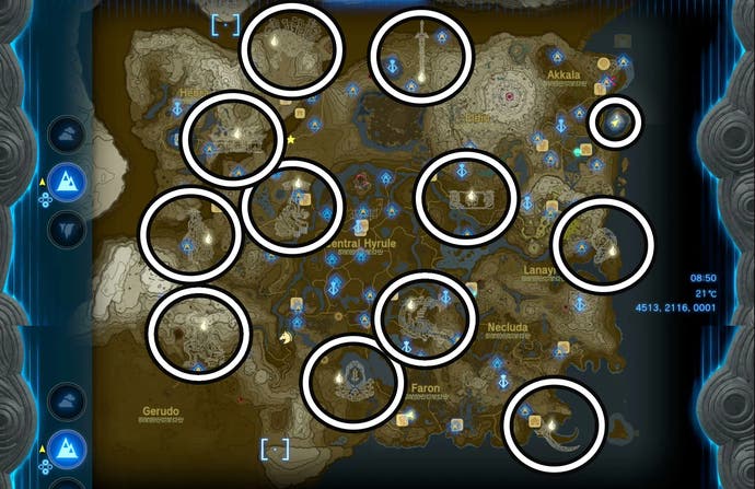 Map of Hyrule in Zelda Tears of the Kingdom showing all 12 Dragon Tear locations