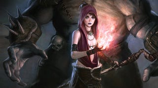 An intricate illustration showing a young witch - Morrigan - in Dragon Age Origins, holding a magical flame in her hands. Behind her looms a large, horned troll.