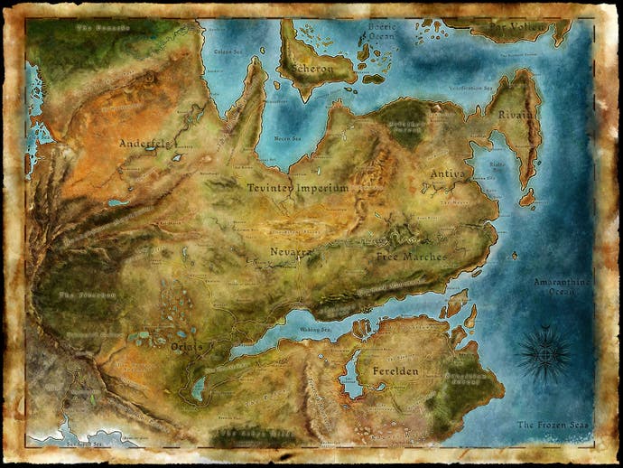 The map of the Dragon Age world, Thedas, as prettied by BioWare. It's drawn as if to have real-coloured geography.