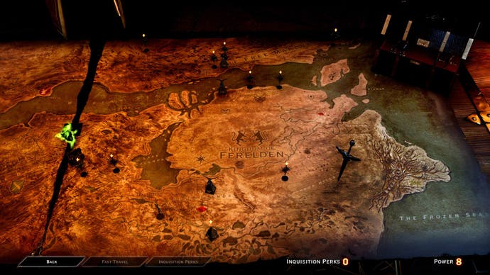 A screenshot of the War Table map in Dragon Age: Inquisition, showing the game's map of Thedas spread out on the table before you.