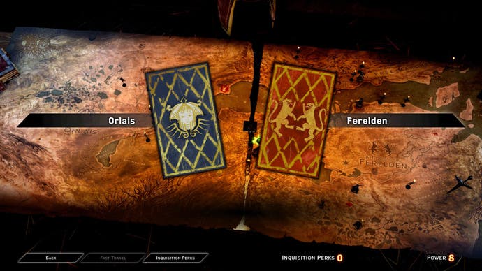 A screenshot of the War Table map in Dragon Age: Inquisition, showing the game's map of Thedas spread out on the table before you.