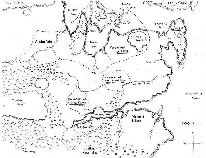 A black and white, sketched map of what would become Thedas, the world of Dragon Age