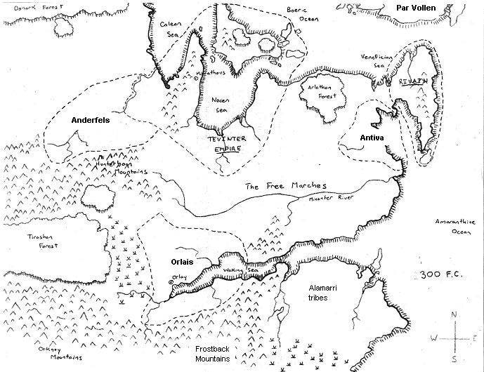 A black and white, sketched map of what would become Thedas, the world of Dragon Age