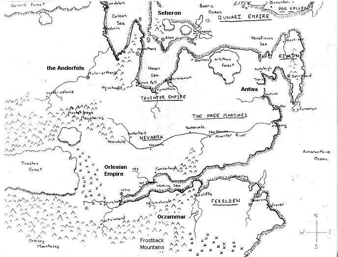 A black and white, sketched map of what would become Thedas, the world of Dragon Age