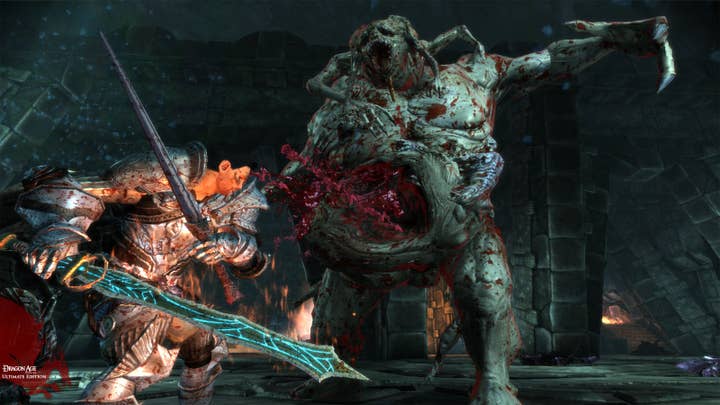 Dragon Age screenshot showing an armored character with two swords fighting a large monster with extra arms coming out of its head and a gush of blood coming from a stomach wound