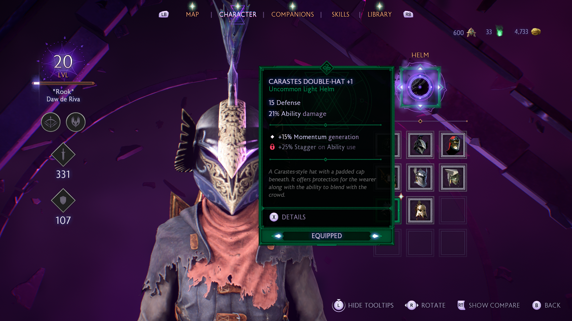Dragon Age The Veilguard screenshot showing the Carastes Double-Hat helm