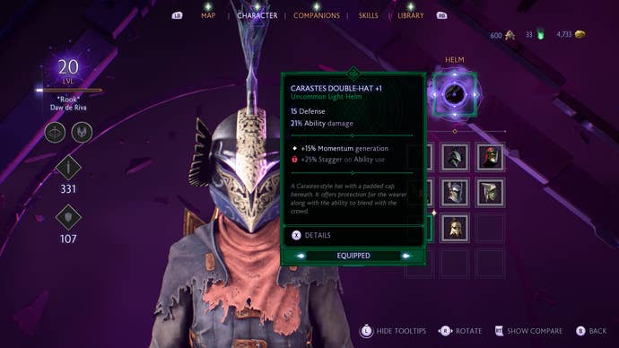 Dragon Age The Veilguard screenshot showing the Carastes Double-Hat helm