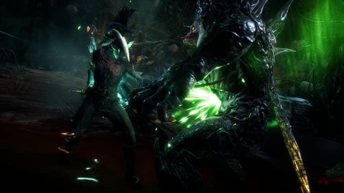 Dragon Age The Veilguard screenshot showing a Rogue character stabbing an enemy