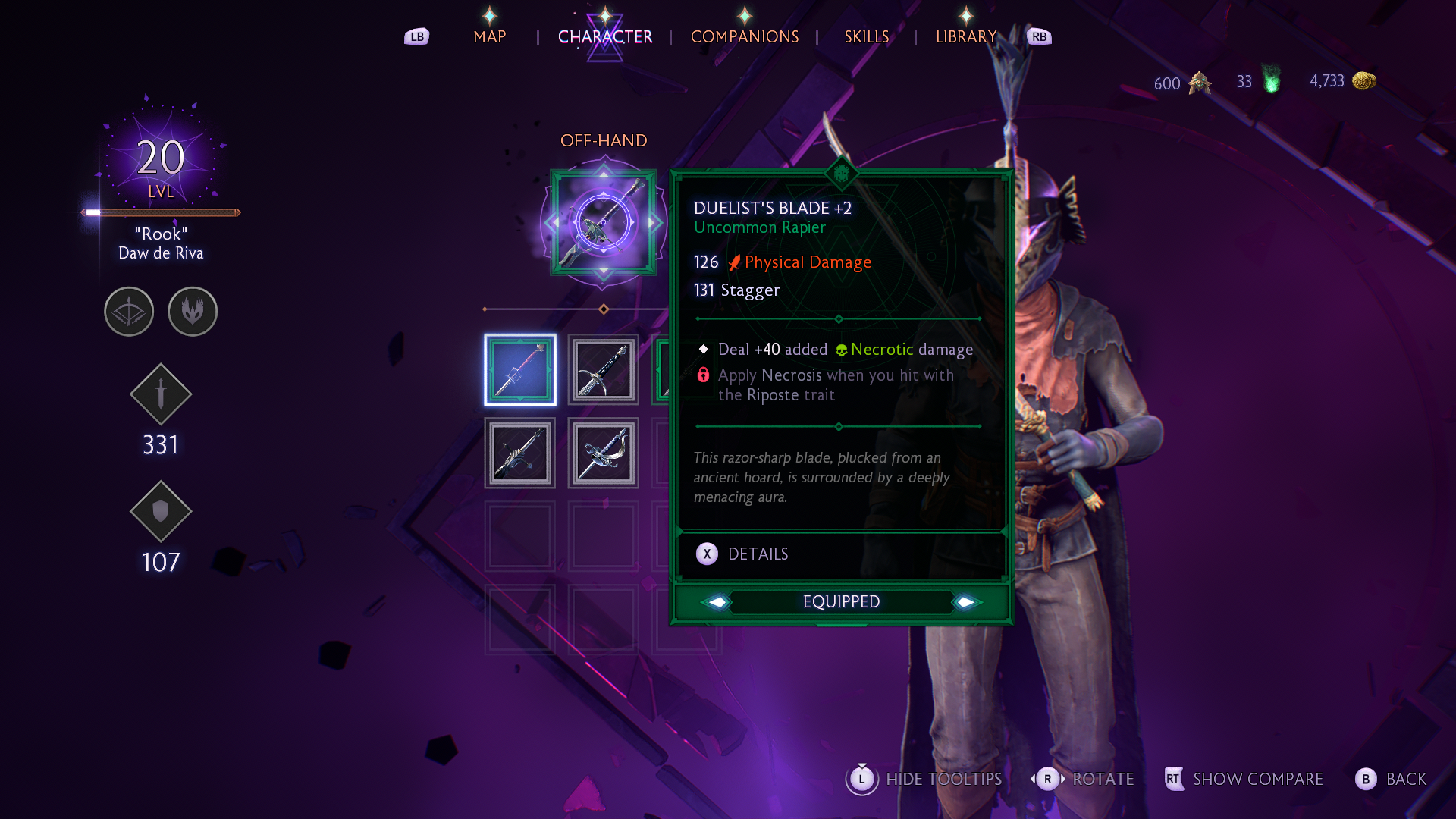 Dragon Age The Veilguard screenshot showing the description of the Duelist&rsquo;s Blade rapier
