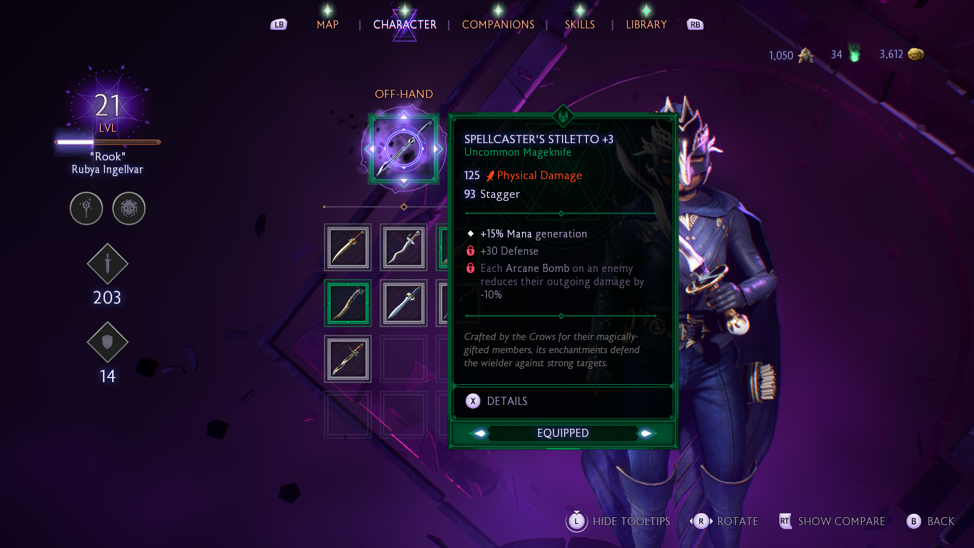 Dragon Age The Veilguard screenshot showing the description of the Spellcaster&rsquo;s Stiletto weapon