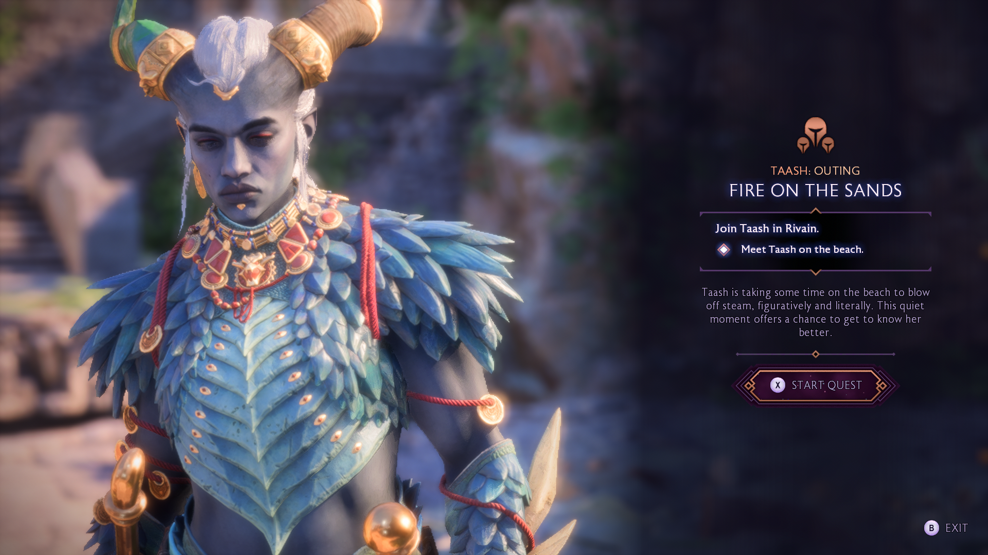 Dragon Age: The Veilguard screenshot showing the menu screen before Taash&rsquo;s first Companion Quest