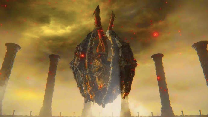 Dragonlord Placidusax, the hidden boss of Crumbling Farum Azula in Elden Ring, floats over his arena.